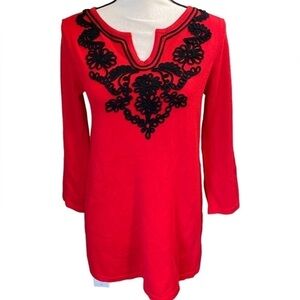 𝅺CAROLYN Taylor Tunic Size Small Red Pullover Sweater Front Soutache Tuni…